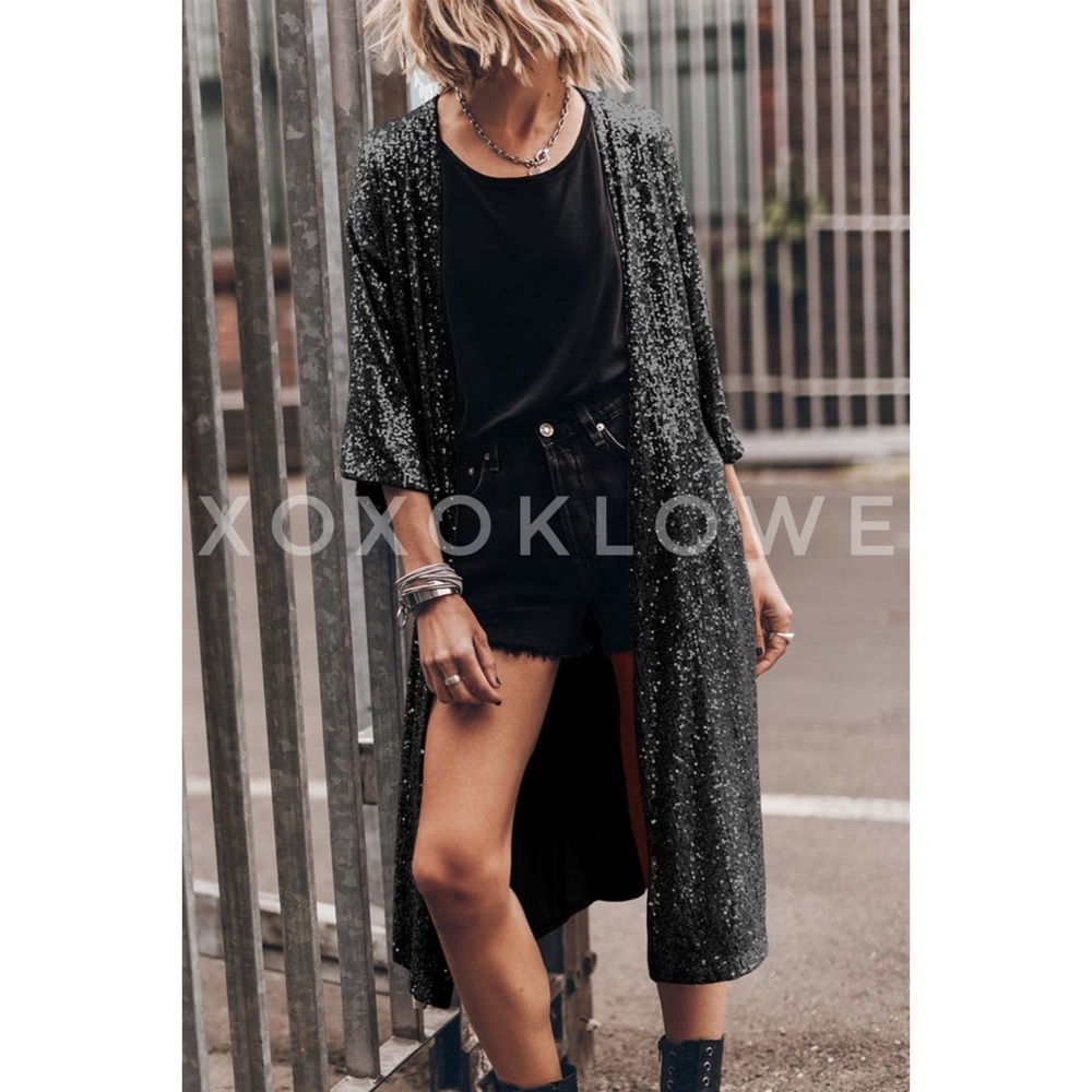 Black Sequin Open Front Duster Long Fully Lined - image 7